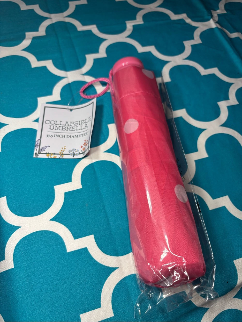 New Collapsible Umbrella - 37.5” Diameter Pink Polka Dots